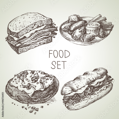 Hand drawn food sketch set of steak sub sandwich, buffalo chicken wings, backed potato, beef sandwich. Vector black and white vintage illustrations