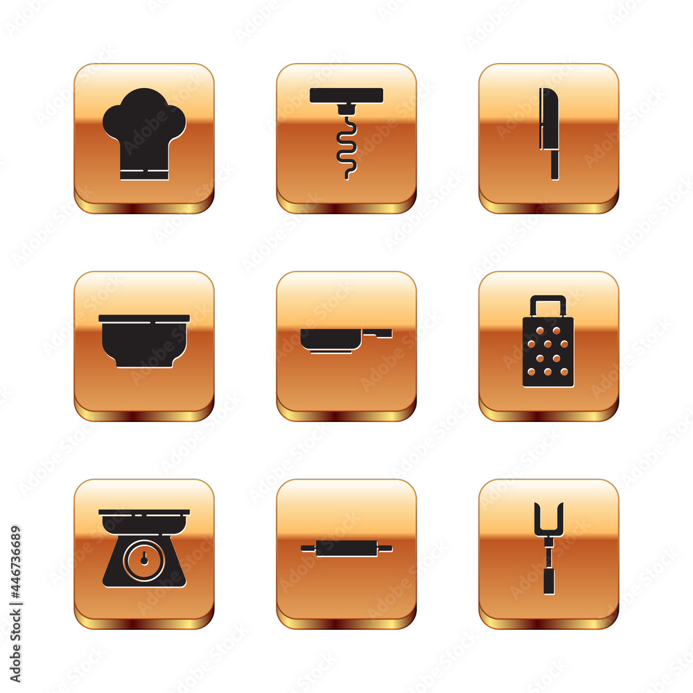 Set Chef hat, Scales, Rolling pin, Frying pan, Bowl, Knife, Barbecue fork and Wine corkscrew icon. Vector Set Chef hat, Scales, Rolling pin, Frying pan, Bowl, Knife, Barbecue fork and Wine corkscrew icon. Vector