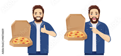 Handsome big man in casual clothes standing showing thumb up holding open pizza box isolated vector illustration
