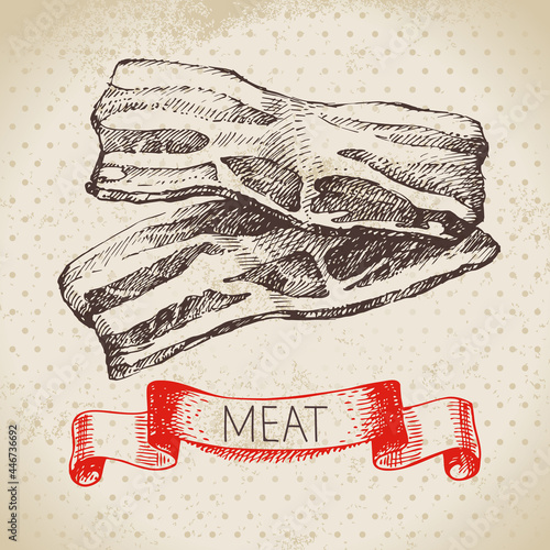 Hand drawn sketch meat product. Vector vintage bacon illustration. Menu design
