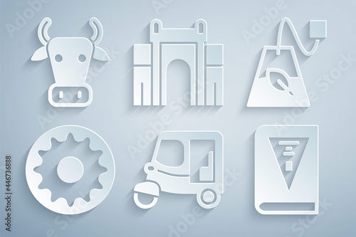 Set Taxi tuk tuk, Tea bag, Chakra, India constitution day, Gate in Delhi and Cow icon. Vector
