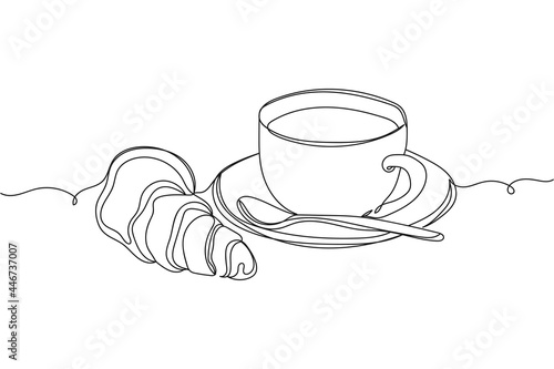 Continuous one line of cup morning coffee and croissant in silhouette on a white background. Linear stylized.Minimalist.