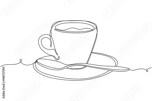 Continuous one line of cup morning coffee in silhouette on a white background. Linear stylized.Minimalist.