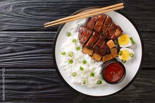 Singapore Teochew Duck with rice, eggs and tofu close-up in a plate on the table. horizontal top view from above photo