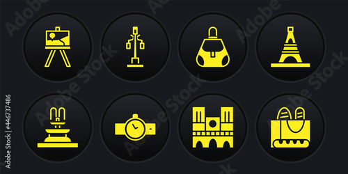 Set Fountain, Eiffel tower, Wrist watch, Notre Dame, Handbag, Street light, French baguette bread and Easel or painting art boards icon. Vector