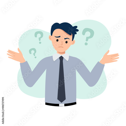 Business man lift his hands with confused expression. Uncertainty and doubt concept