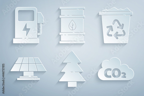 Set Christmas tree, Recycle bin with recycle, Solar energy panel, CO2 emissions cloud, Bio fuel barrel and Electric car charging station icon. Vector