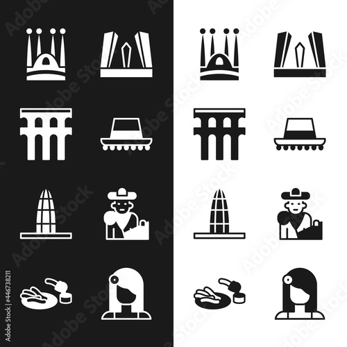 Set Spanish hat, Aqueduct of Segovia, Sagrada Familia, Gate Europe, Agbar tower, Bullfight, matador, woman and Churros and chocolate icon. Vector