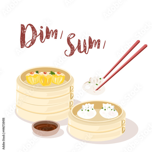 Steamed dumpling dim sum in a traditional bamboo steamer on white backgrounds. Vector illustration.