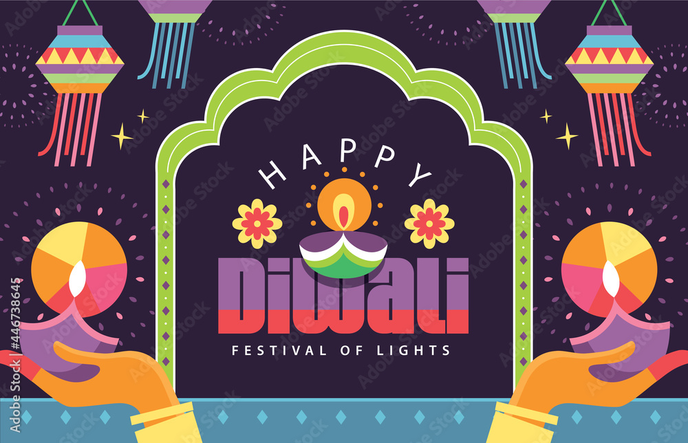 Happy Diwali Hindu festival modern flat design with 2 Indian women's hand holding oil lamp and typography design. 
