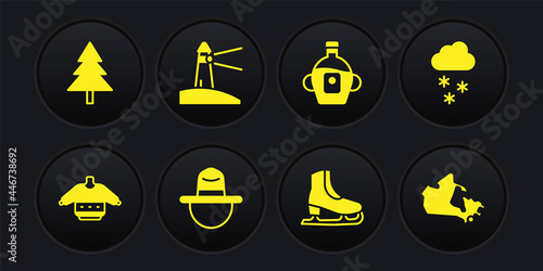 Set Christmas sweater, Cloud with snow, Canadian ranger hat, Skates, Maple syrup, Lighthouse, Canada map and tree icon. Vector