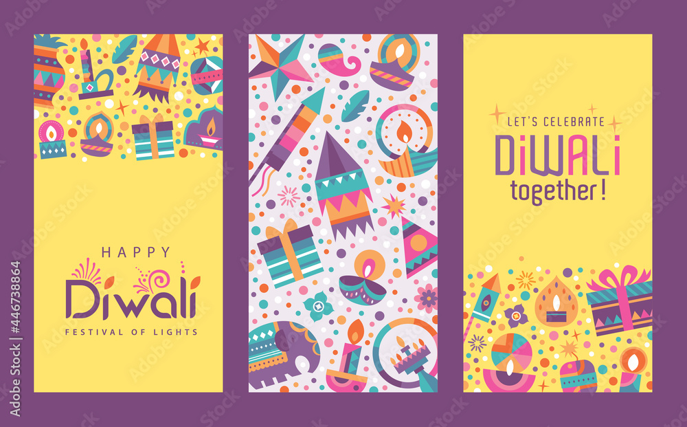 Set of happy Diwali Hindu festival posters design with colorful oil lamps, lanterns, fireworks and gift icons.