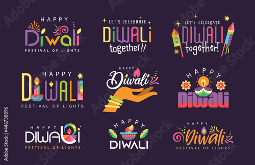 Set of 9 Happy Diwali colorful festive typography design/ icon design. photo