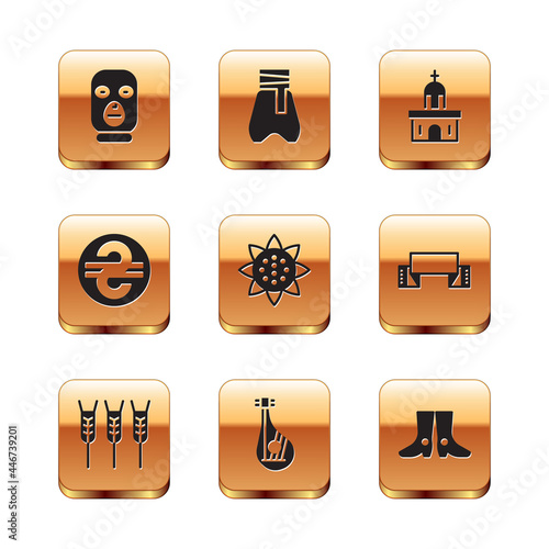 Set Thief mask, Wheat, Bandura, Sunflower, Ukrainian hryvnia, Church building, footwear and Cossack pants icon. Vector