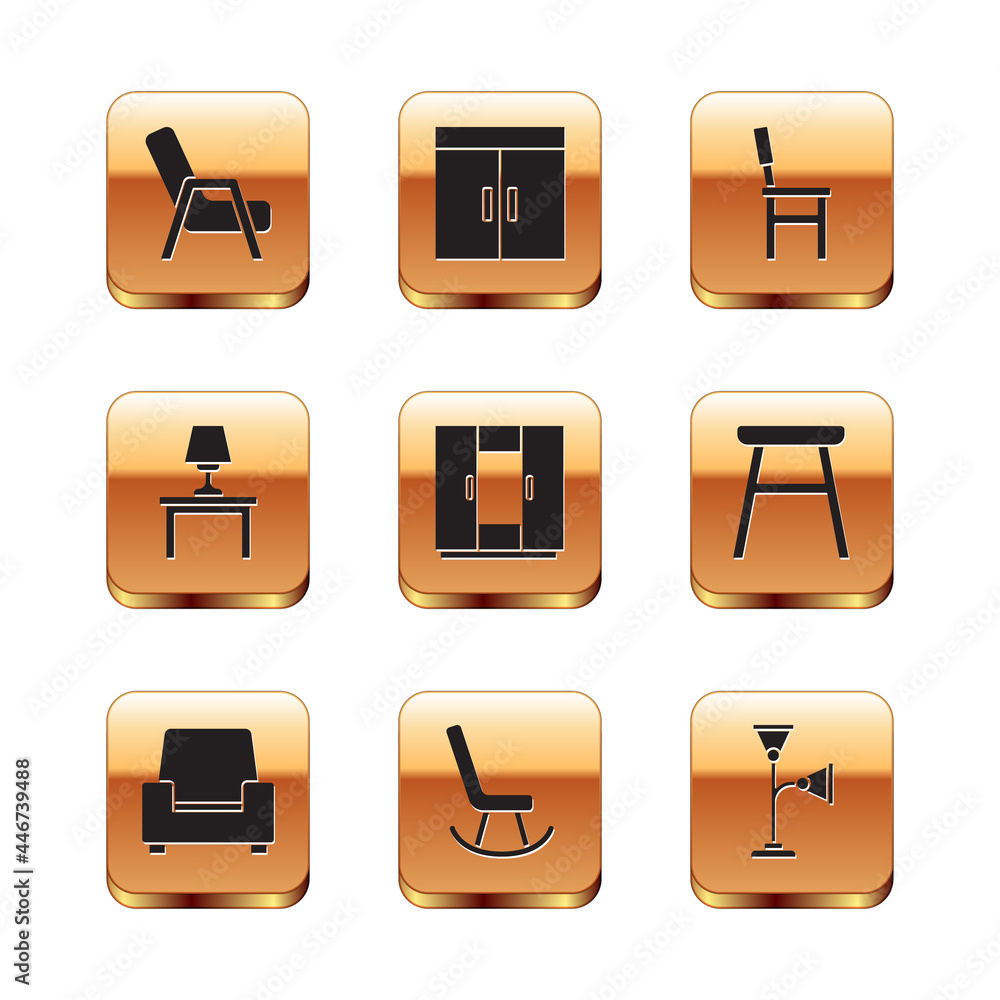 Set Armchair, Wardrobe, Table lamp on table, Chair, Floor and icon. Vector Set Armchair, Wardrobe, Table lamp on table, Chair, Floor and icon. Vector