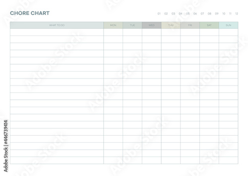 Note, scheduler, diary, planner document template illustration. Weekly chore chart template.