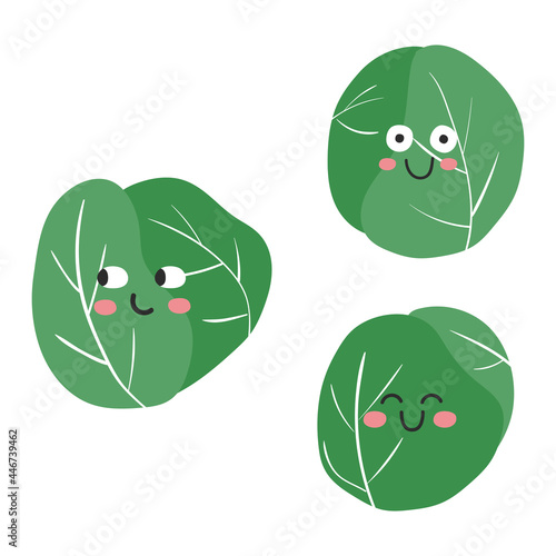 Funny cartoon brussels sprouts with face expression. Healthy food doodle vegetable vector illustration. Harvest object in flat style showing emotions