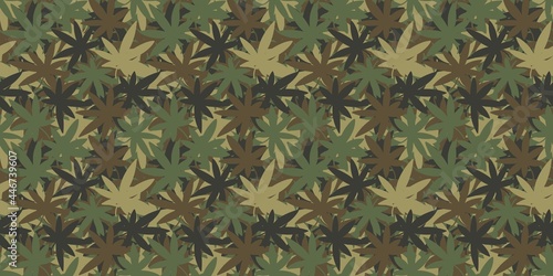 Trendy Abstract Khaki Texture Camouflage With Cannabis Leaves Seamless Pattern Background Vector Illustration