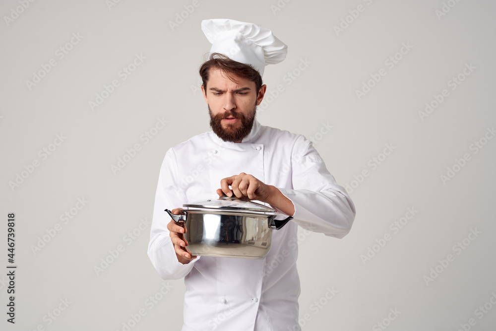 professional chef with a pot in his hands kitchen service profession professional chef with a pot in his hands kitchen service profession