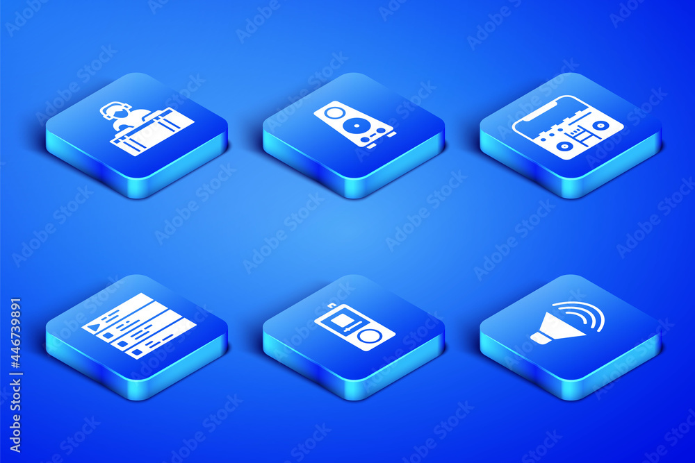 Set Speaker volume, DJ playing music, Music player, playlist, Stereo speaker and Home stereo with speakers icon. Vector Set Speaker volume, DJ playing music, Music player, playlist, Stereo speaker and Home stereo with speakers icon. Vector