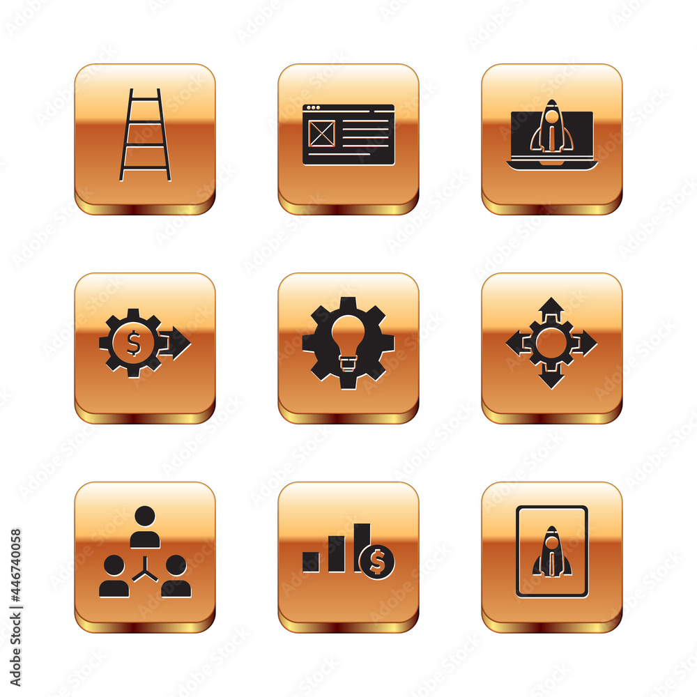Set Stair with finish flag, Project team base, Pie chart and dollar, Light bulb gear, Gear, Startup project concept, and Browser window icon. Vector Set Stair with finish flag, Project team base, Pie chart and dollar, Light bulb gear, Gear, Startup project concept, and Browser window icon. Vector