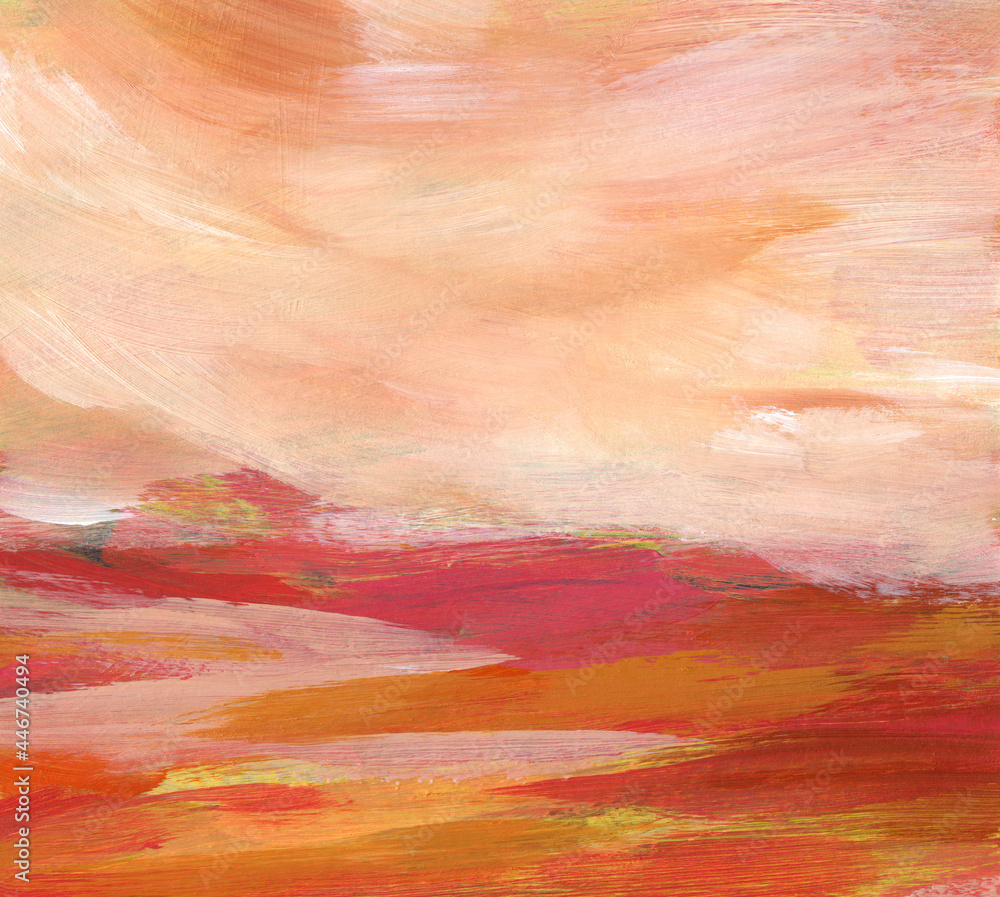 Abstract landscape. Versatile artistic backdrop for creative design projects: posters, banners, cards, websites, invitations, desktop wallpapers, magazines and wall art. Acrylic on paper. Warm colours