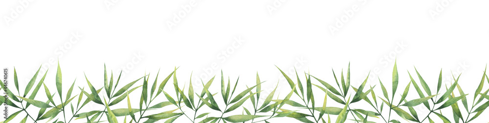 Obraz premium Watercolor seamless border with green branches and bamboo leaves on a white background. Botanical illustration for postcards, posters, banners, fabrics.