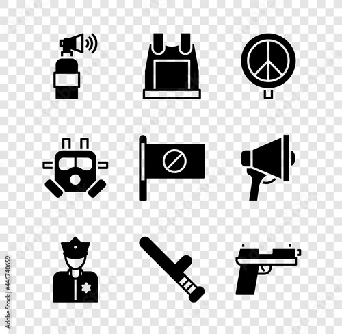 Set Air horn, Bulletproof vest, Peace, Police officer, rubber baton, Pistol gun, Gas mask and Protest icon. Vector