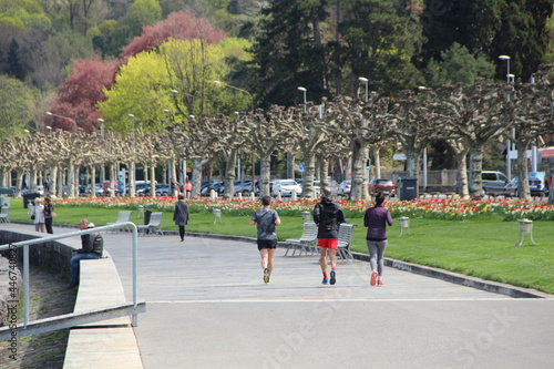 people walking in the park in spring