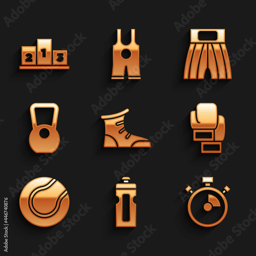 Set Sport boxing shoes, Fitness shaker, Stopwatch, Boxing glove, Tennis ball, Kettlebell, short and Award over sports winner podium icon. Vector