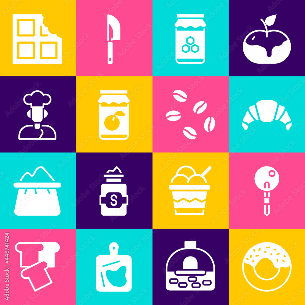 Set Donut, Lollipop, Croissant, Jar of honey, Jam jar, Cook, Chocolate bar and Coffee beans icon. Vector Set Donut, Lollipop, Croissant, Jar of honey, Jam jar, Cook, Chocolate bar and Coffee beans icon. Vector