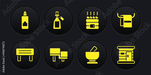 Set Sauna wood bench, Towel on hanger, Mortar and pestle, Hot sauna stones, Essential oil bottle, wooden bathhouse and Spray can for hairspray icon. Vector