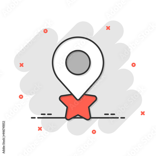 Map pin icon in comic style. GPS navigation cartoon vector illustration on white isolated background. Locate position splash effect business concept.