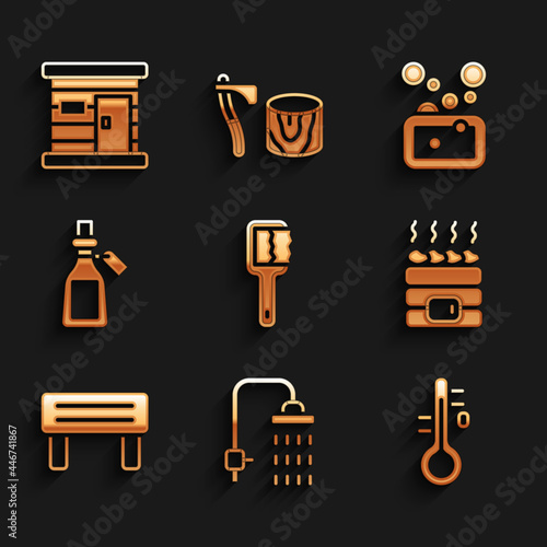 Set Sauna brush, Shower, thermometer, Hot sauna stones, wood bench, Essential oil bottle, Bar of soap and wooden bathhouse icon. Vector