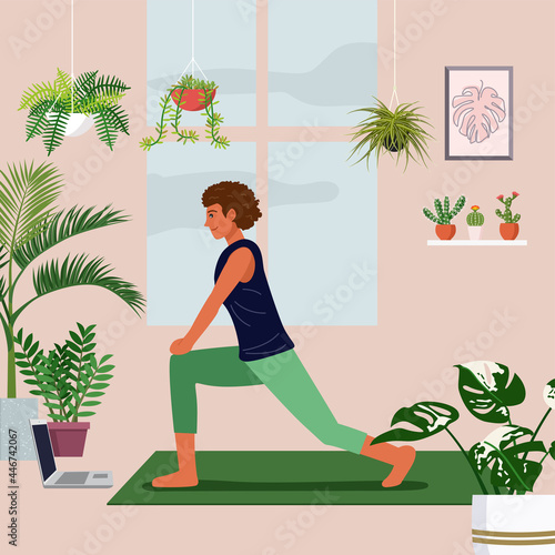 Stay at home concept, young woman excercising over a video call in a living room decorated with indoor plants