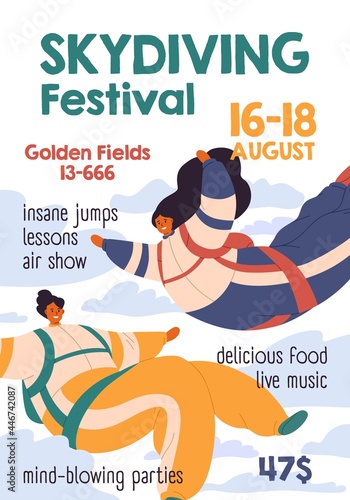 Flyer template of skydiving festival. Vertical ad banner design for parachuting sport event. Background with advertising text and skydivers. Invitation of sky jumper school. Flat vector illustration
