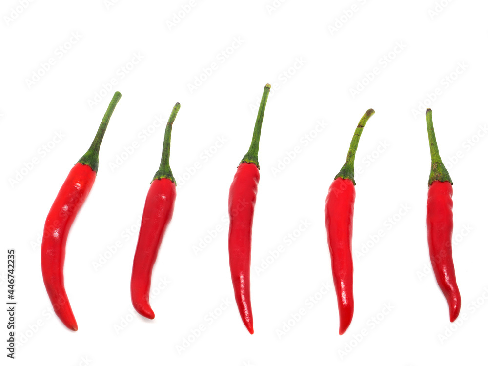 Many red chilli peppers on white isolated
