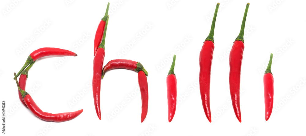 Chilli word text on white isolated,Word by red chilli nature Chilli word text on white isolated,Word by red chilli nature