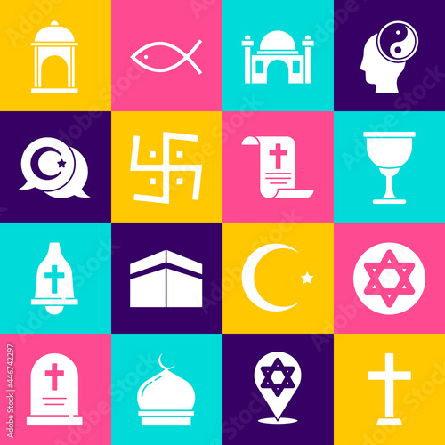 Set Christian cross, Star of David, Holy grail or chalice, Muslim Mosque, Hindu swastika, and crescent, and Decree, paper, parchment, scroll icon. Vector