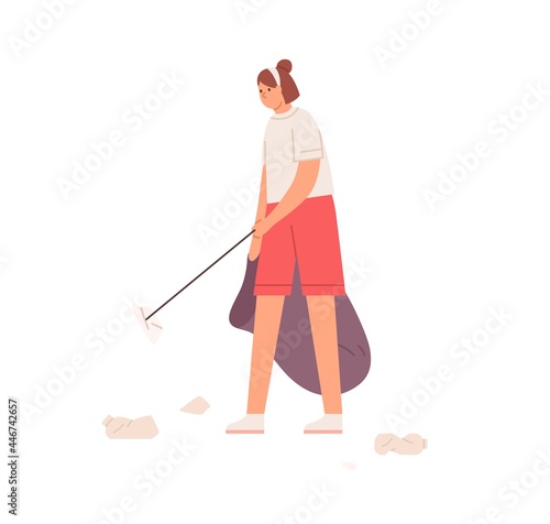 Eco-volunteer picking up plastic litter by stabbing it with garbage pickup stick. Female activist with trash bag cleaning street and collecting rubbish. Flat vector illustration isolated on white