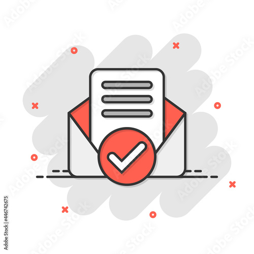 Envelope with confirmed document icon in comic style. Verify cartoon vector illustration on white isolated background. Receive splash effect business concept.