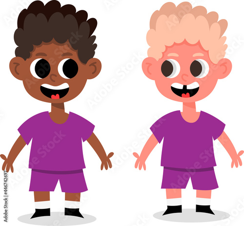 International Albinism Awareness Day, June 13. Cute boys multicultural ethnicity and skin color. African American and light skin albino kid in vector. Smiling happy equal childhood