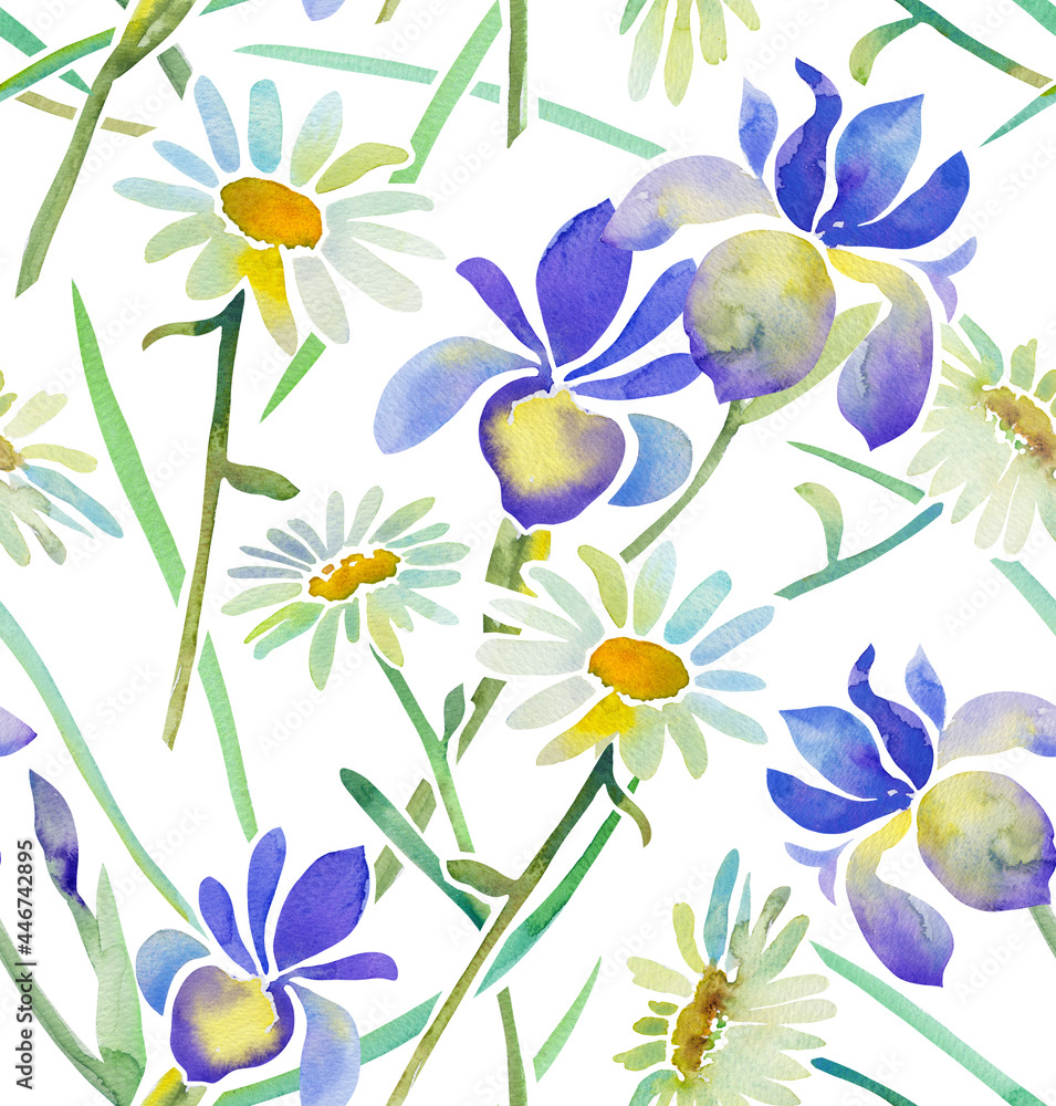 Seamless watercolor pattern with irises and daisies. Watercolor background with wildflowers