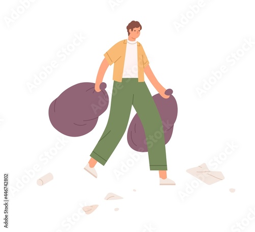 Volunteer carrying trash bags full of collected litter. Eco-activist holding trashbags in hands with street garbage. Activity for cleaning environment. Flat vector illustration isolated on white
