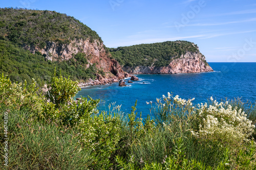 A picturesque lagoon on the shore of Adriatic sea near Sveti Stefan in Montenegro