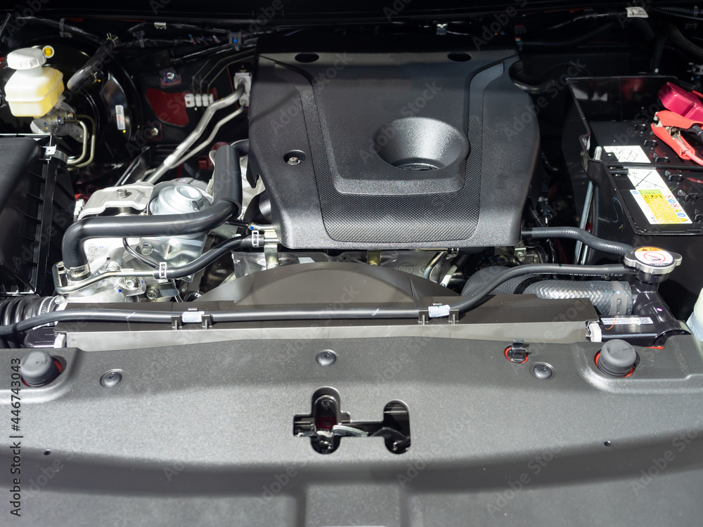 Fototapeta premium Detail new engine technology interior of car clean and shiny black color