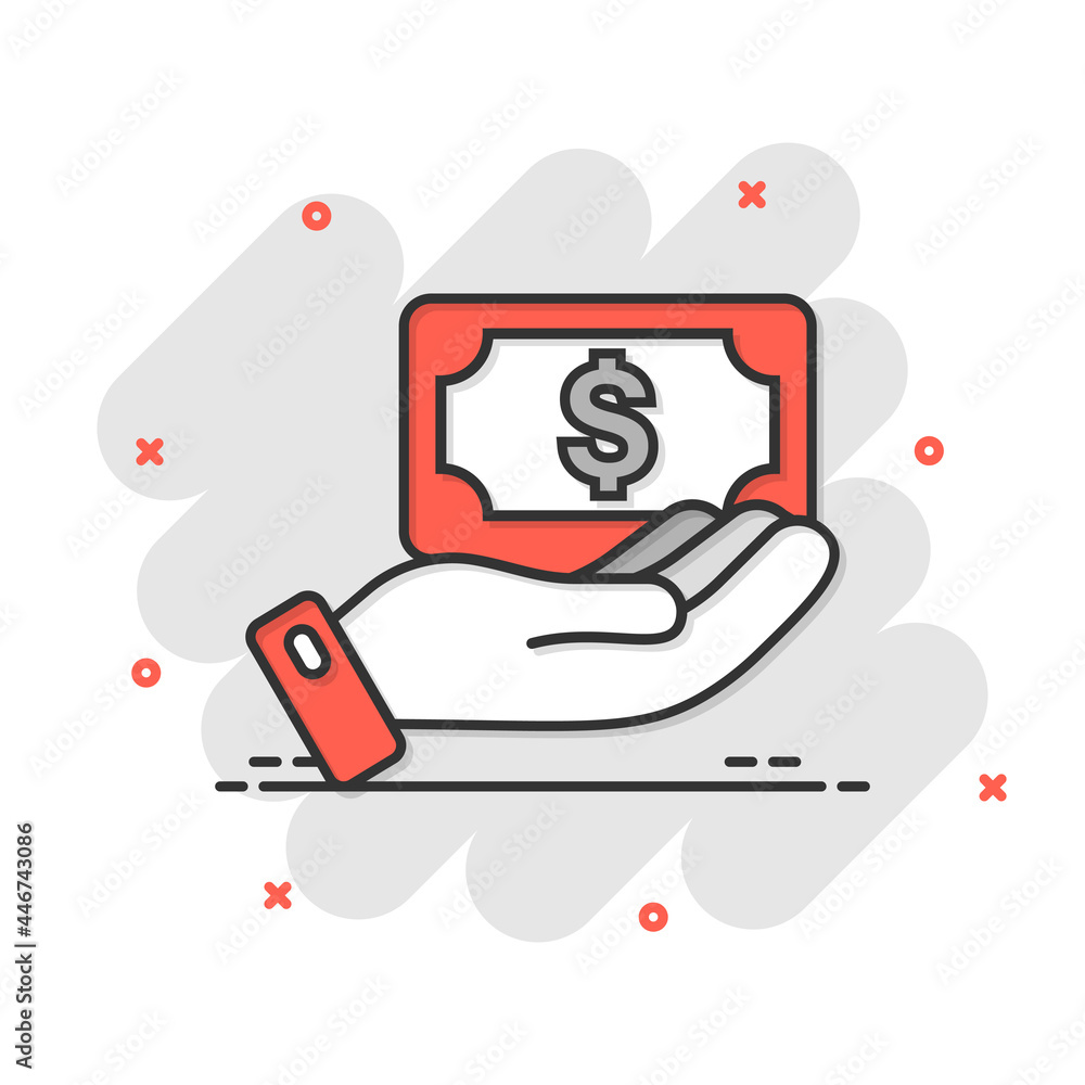 Remuneration icon in comic style. Money in hand cartoon vector illustration on white isolated background. Banknote payroll splash effect business concept. Remuneration icon in comic style. Money in hand cartoon vector illustration on white isolated background. Banknote payroll splash effect business concept.