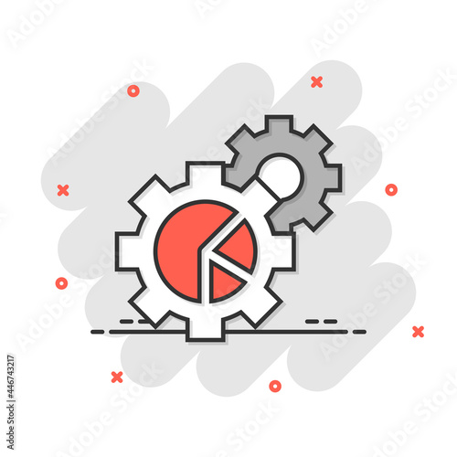 Workflow chart icon in comic style. Gear with diagram cartoon vector illustration on white isolated background. Process organization splash effect business concept.