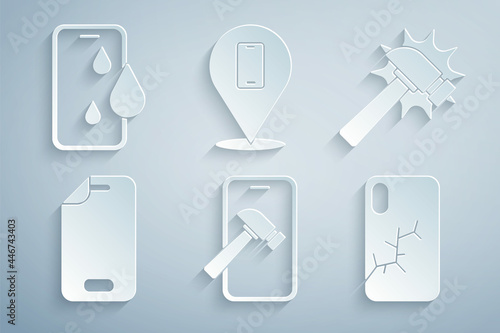 Set Mobile with broken screen, Hammer, Glass protector, Phone repair service and Waterproof phone icon. Vector