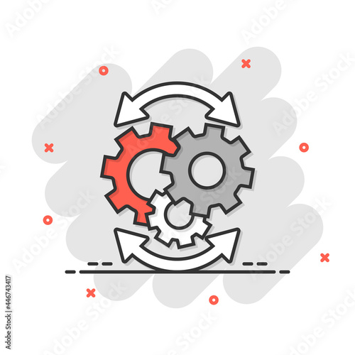 Workflow icon in comic style. Gear effective cartoon vector illustration on white isolated background. Process organization splash effect business concept.